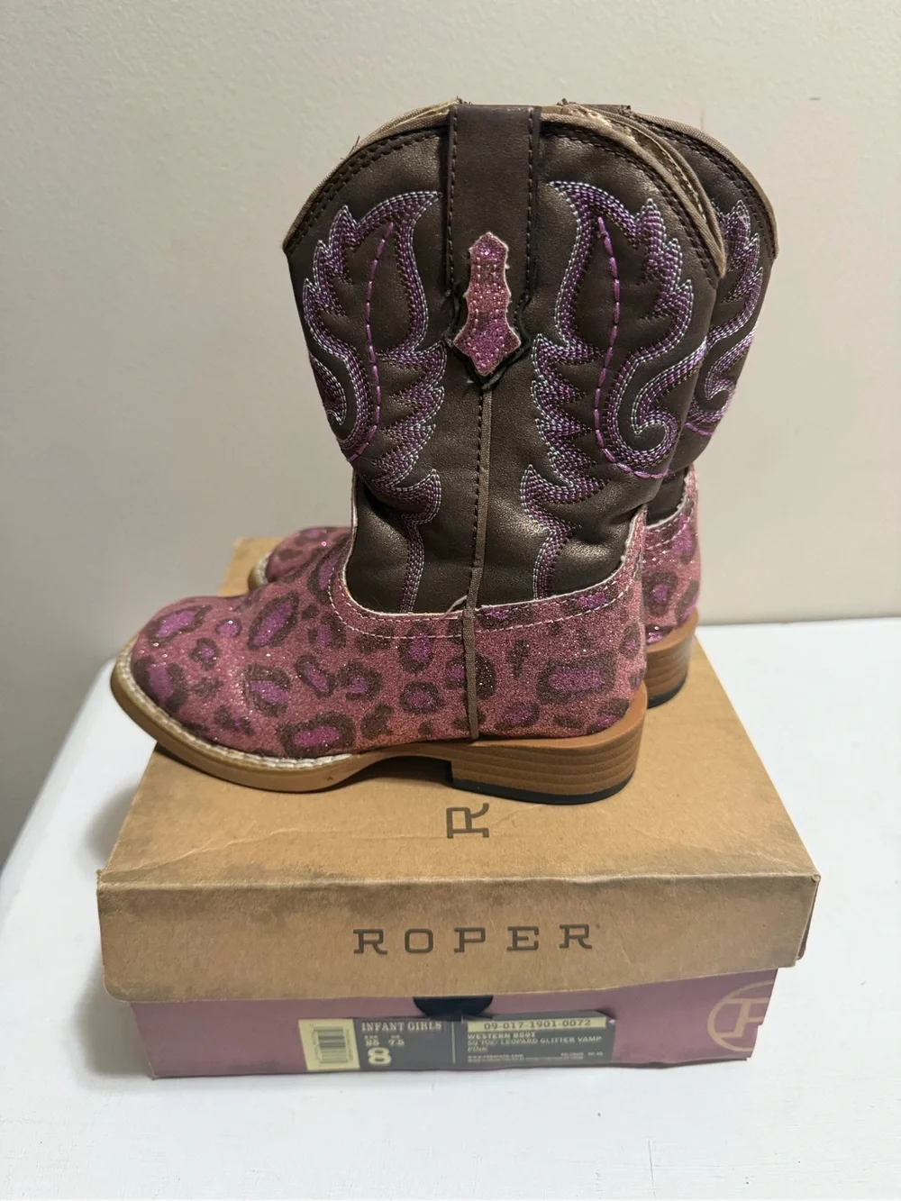 Roper Girls Pink Leopard Glitter Western Cowboy Boots Size 8